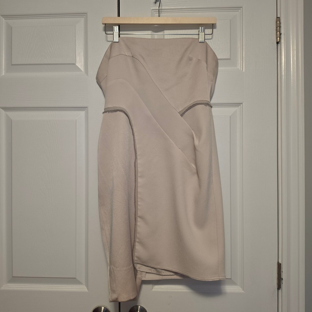 BCBG Max Azria Runway Strapless Asymmetric Raw Edge Cocktail Dress Beige Size 10